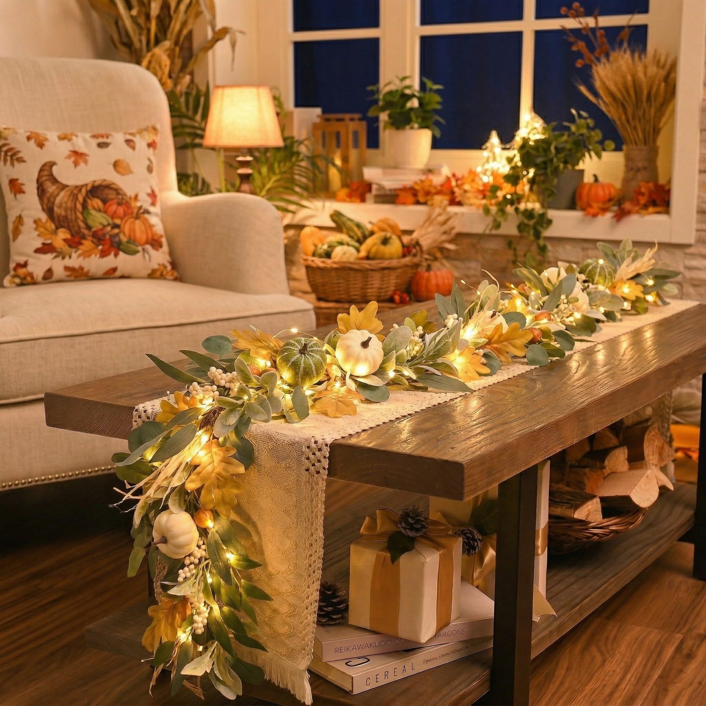 Valery Madelyn Fall Garland for Mantle, 9ft Lambs Ear Leaves Garland with Lights White Pumpkins Thanksgiving Table Centerpiece, Fall Autumn Decorations for Home Porch Fireplace Outdoor Halloween Decor