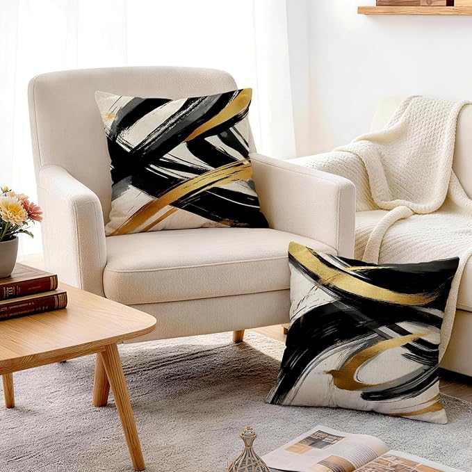 OBSEDE Abstract Black Gold Ink Brush Strokes Throw Pillow Covers 18 × 18 in