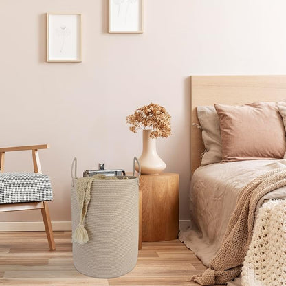 XUANGUO Cotton Rope Laundry Basket Hamper for Clothes Woven Storage Basket for Living Room Bedroom Boho Tall Rope Baskets for Blanket Toys Pillow Towels Baby Nursery Hamper Bin Large oatmeal