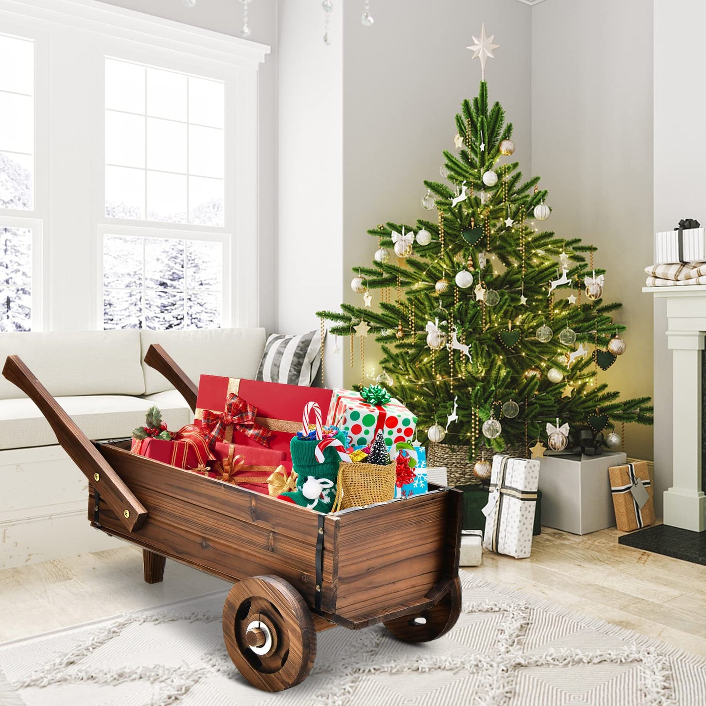 Giantex Wooden Wagon Planter Box, Decorative Wagon Cart with Wheels, Handles, Drainage Hole, Flower Planter Pot Stand, Rustic Flowerpot Planter, Indoor & Outdoor Garden Patio Balcony