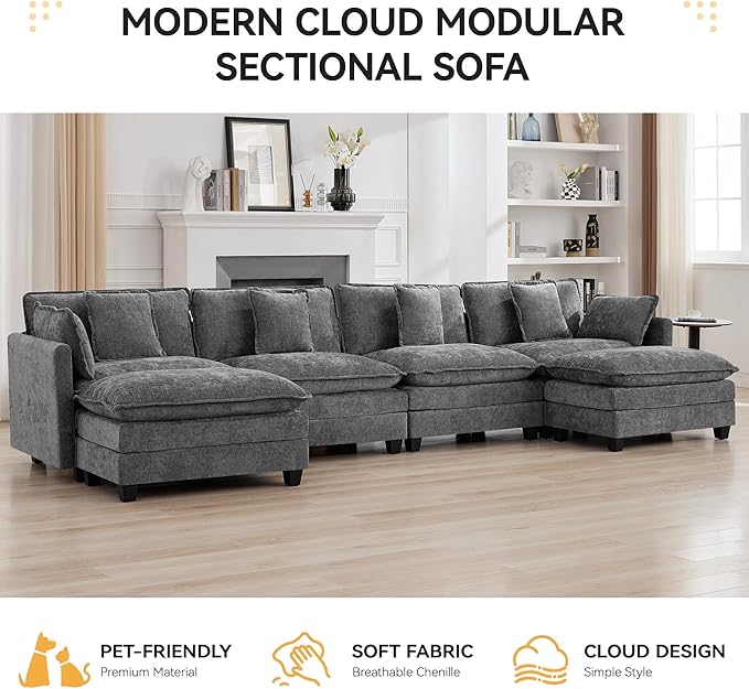 147'' Sectional Cloud Deep Seat Couch, Oversized Chenille U Shaped Sectional