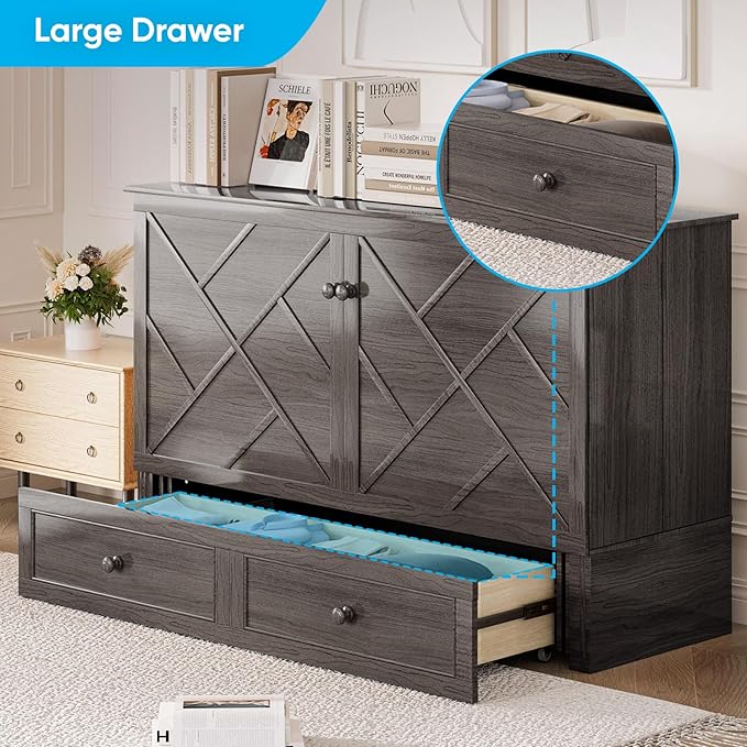 Mjkone Murphy Cabinet Bed Queen Size, Solid Wood Mobile Wall Beds Chest