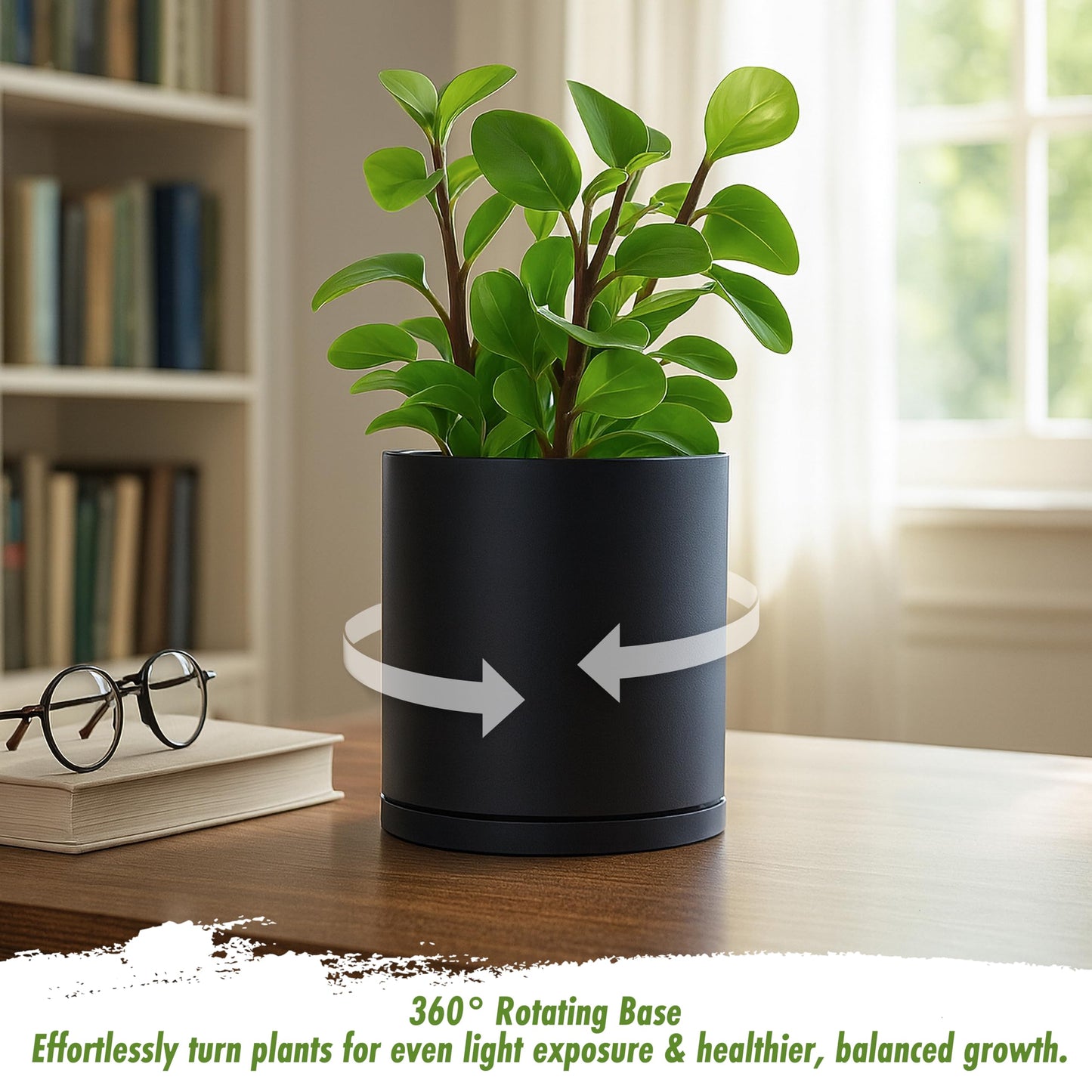 D'vine Dev Double-Layer Self-Draining Planter Set – Rotating Plastic Outer Pot with Clear Inner Liner for Root Health, Perfect for Indoor Plants, 6.5", Set of 2, Black, 73-V-B-2