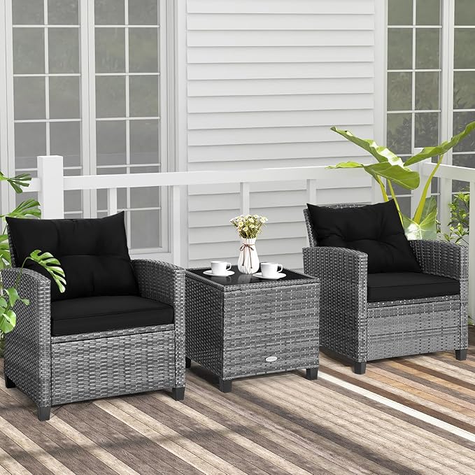 COSTWAY 3PCS Patio Furniture Set, PE Rattan Wicker Sofa w/Washable Cushion and