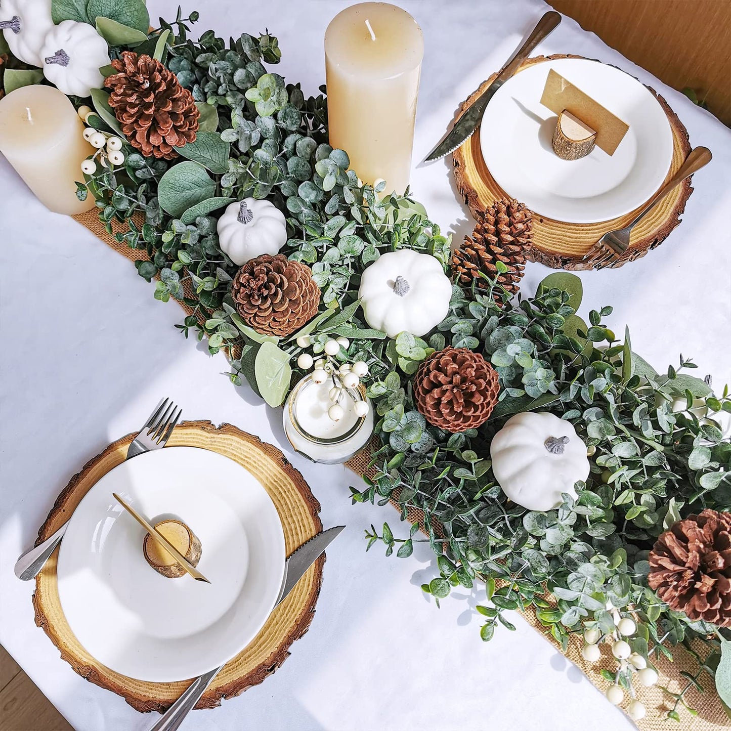 Winlyn Fall White Pumpkin Artificial Eucalyptus Garland with Pumpkins Pinecones Berries - Fall Decor, 5.9' L - Farmhouse Wedding Arch Backdrop, Thanksgiving Mantel, Table Runner, Centerpiece