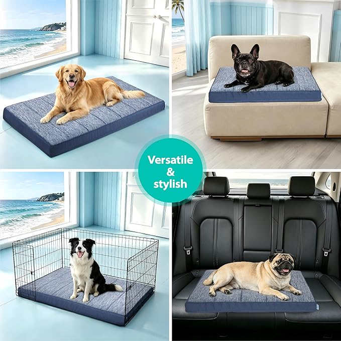 Cooling Dog Bed for Large Dogs - Orthopedic Pet Beds with Memory Foam, QMAX>0.5, Waterproof Removable Washable Cover for Hot Weather, Wander Blue, 35" L x 23" W x 3" H