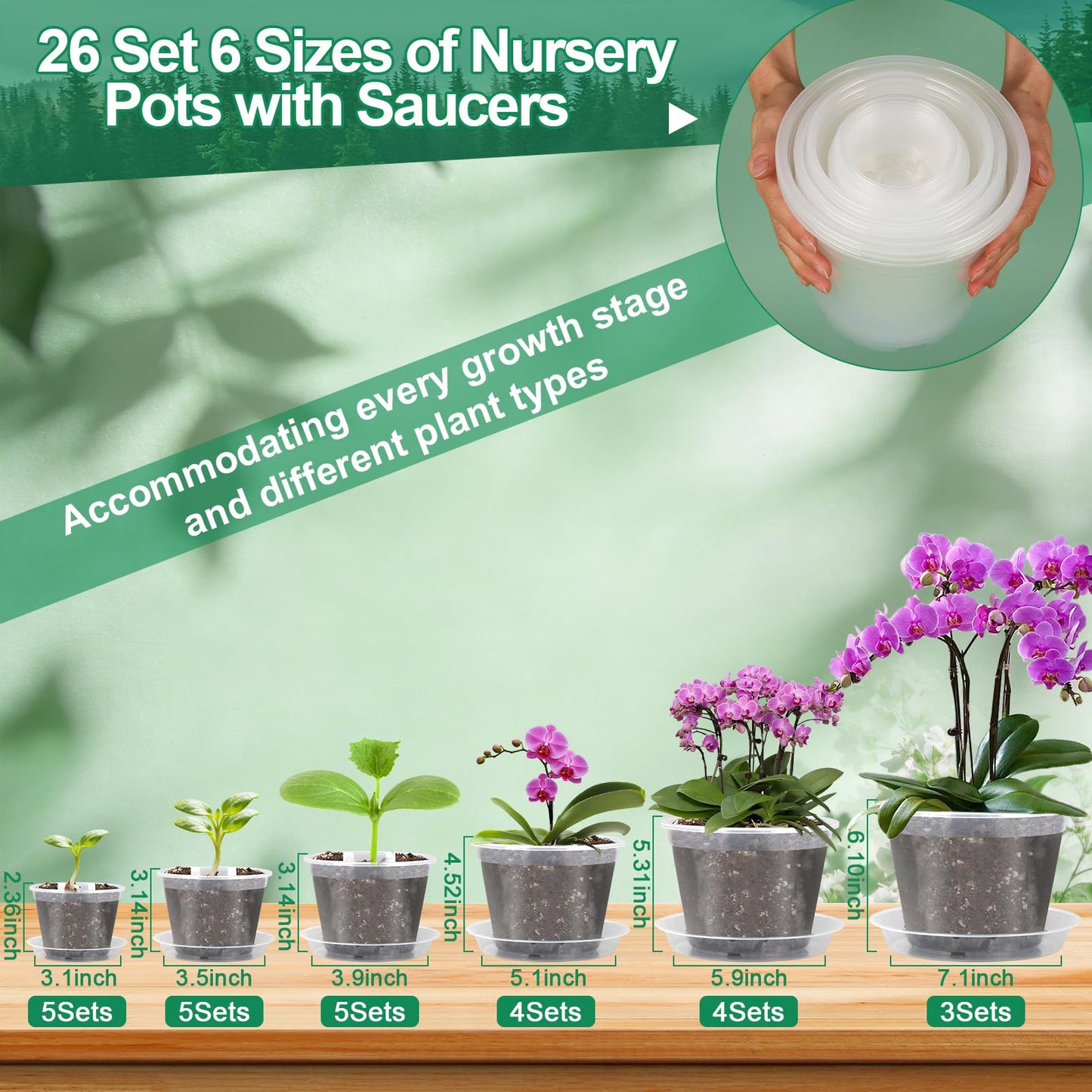 Modacraft 26 Pack Clear Plastic Nursery Pot for Plants with Saucers, 2 Garden Tools and 30 Labels, Variety Clear Nursery Planter with Drainage Holes for Indoor Outdoor (3.1/3.5/3.9/5.1/5.9/7.1 inch)