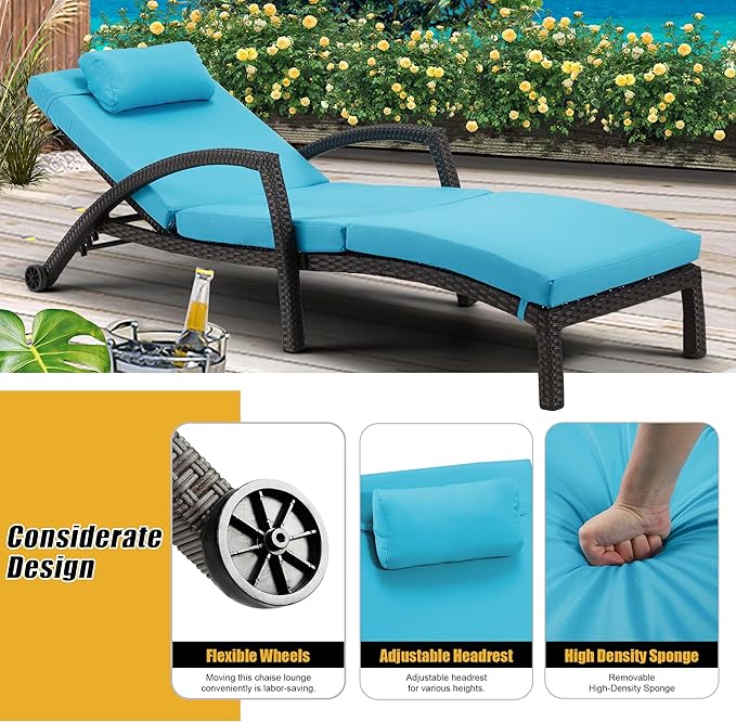 HOMREST Chaise Lounge Chairs Set of 6, PE Rattan Wicker Lounge Chair