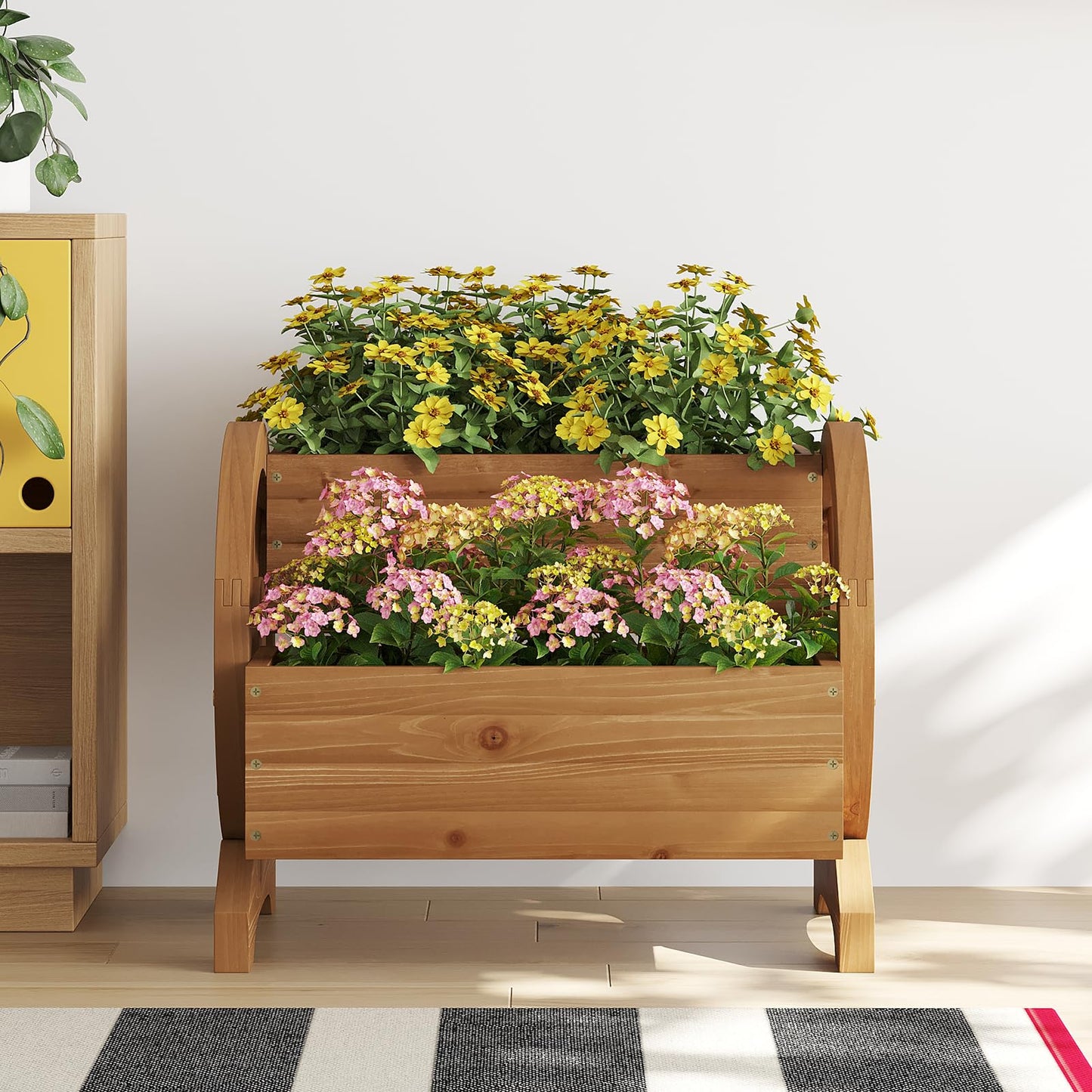 Wieghda Wooden Wagon Planter Box, Standing Garden Planter, Decorative Outdoor Container,Coffee