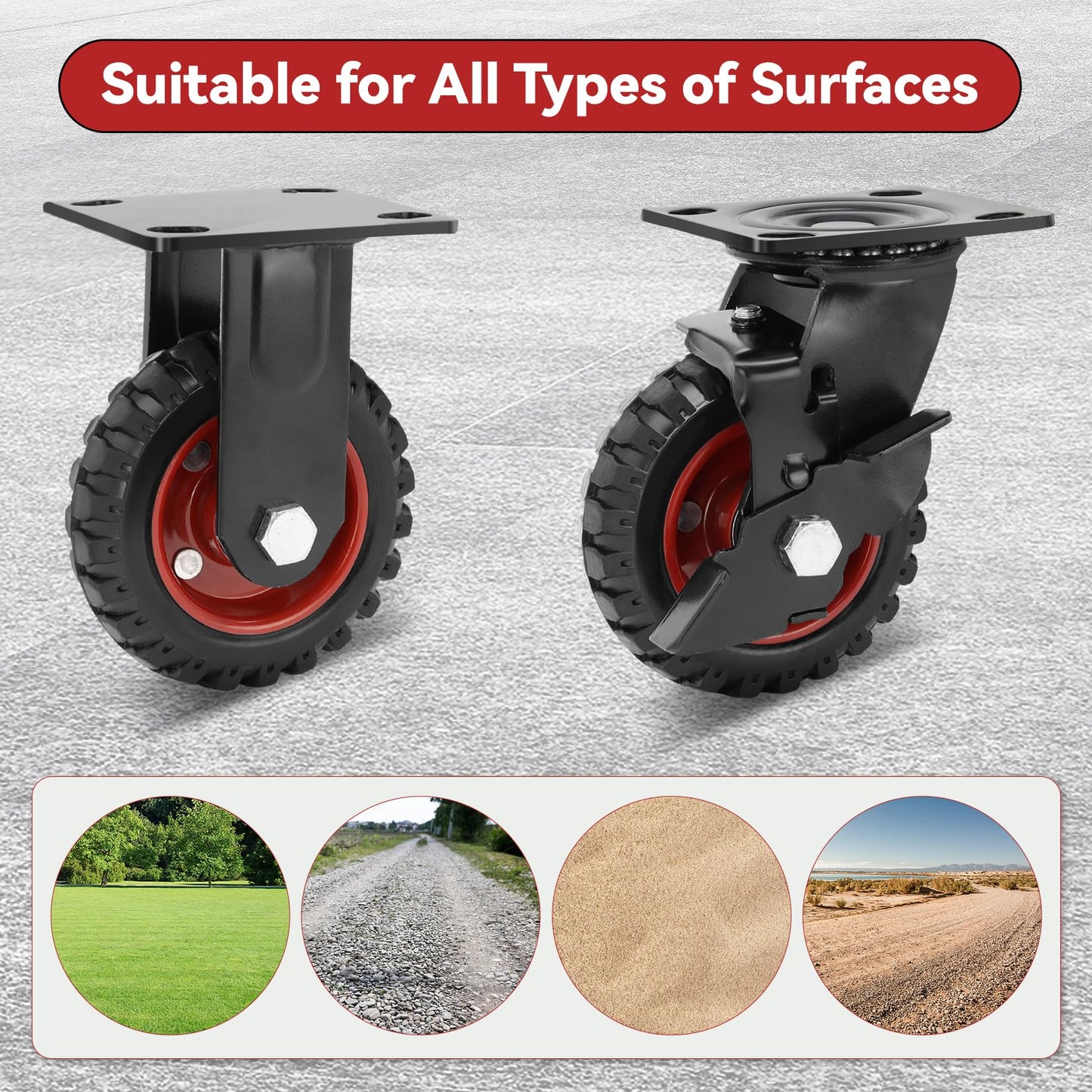 Nefish 5 Inch Heavy Duty Casters Set of 4, Solid Rubber Outdoor Casters Wheels, Industrial Grade Rubber Castors with Knobby Tread for Cart, Wagon and Chicken Coop (2 Brake & 2 Rigid)