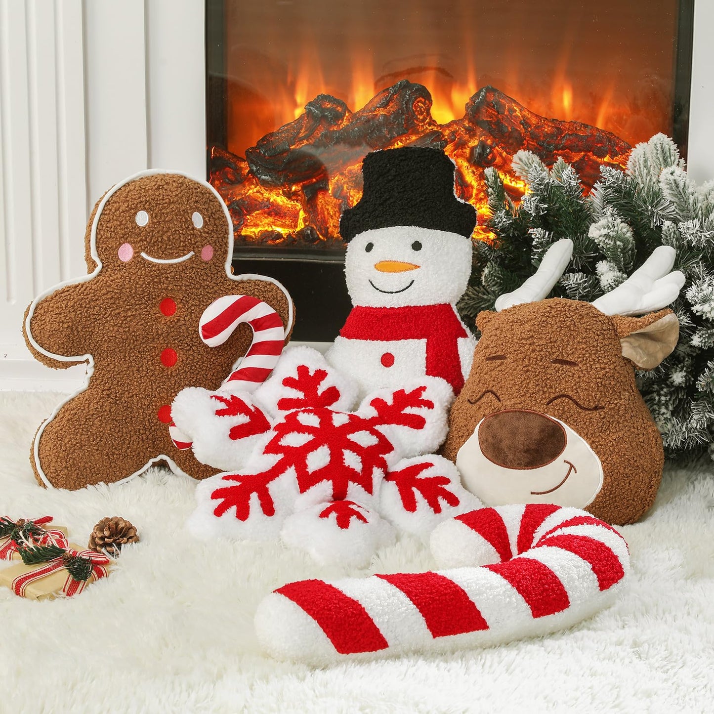 Seeloowy 5 Pcs Christmas Throw Pillows Xmas Tree Gingerbread Man Snowflake Pillows Red White Stripe Candy Cane Peppermint Shape Cushion Stuffed Christmas Decoration for Home Sofa Bed Couch Party