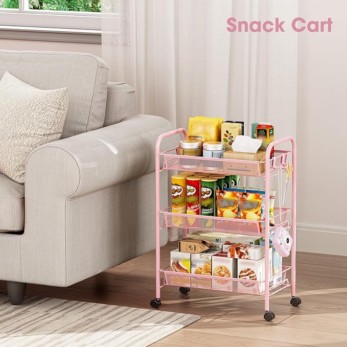 TOOLF 3 Tier Rolling Cart Pink