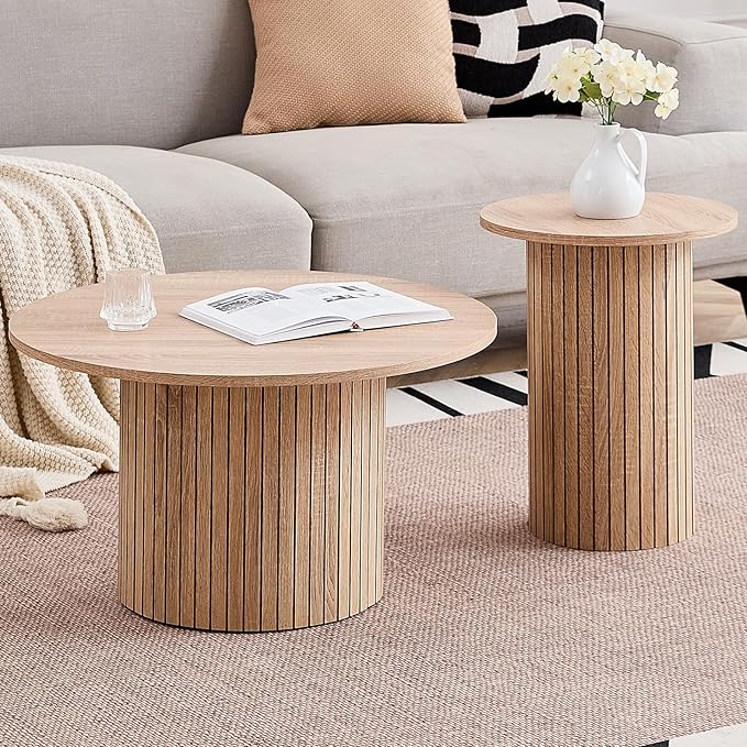 Round Nesting Coffee Table Set of 2 Mid Century Modern Wood Round Coffee Tables