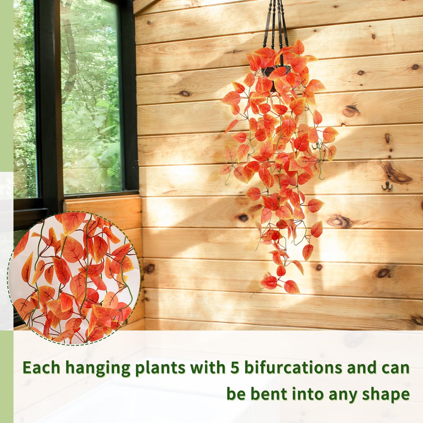 3 Pack Artificial Fall Plants Hanging Orange Vines Potted Fall Foliage Fake Pothos Trailing Plant Autumn Decoration for Indoor Outdoor Thanksgiving Bathroom Wall Kitchen Room Shelf Decor (Black Pot)