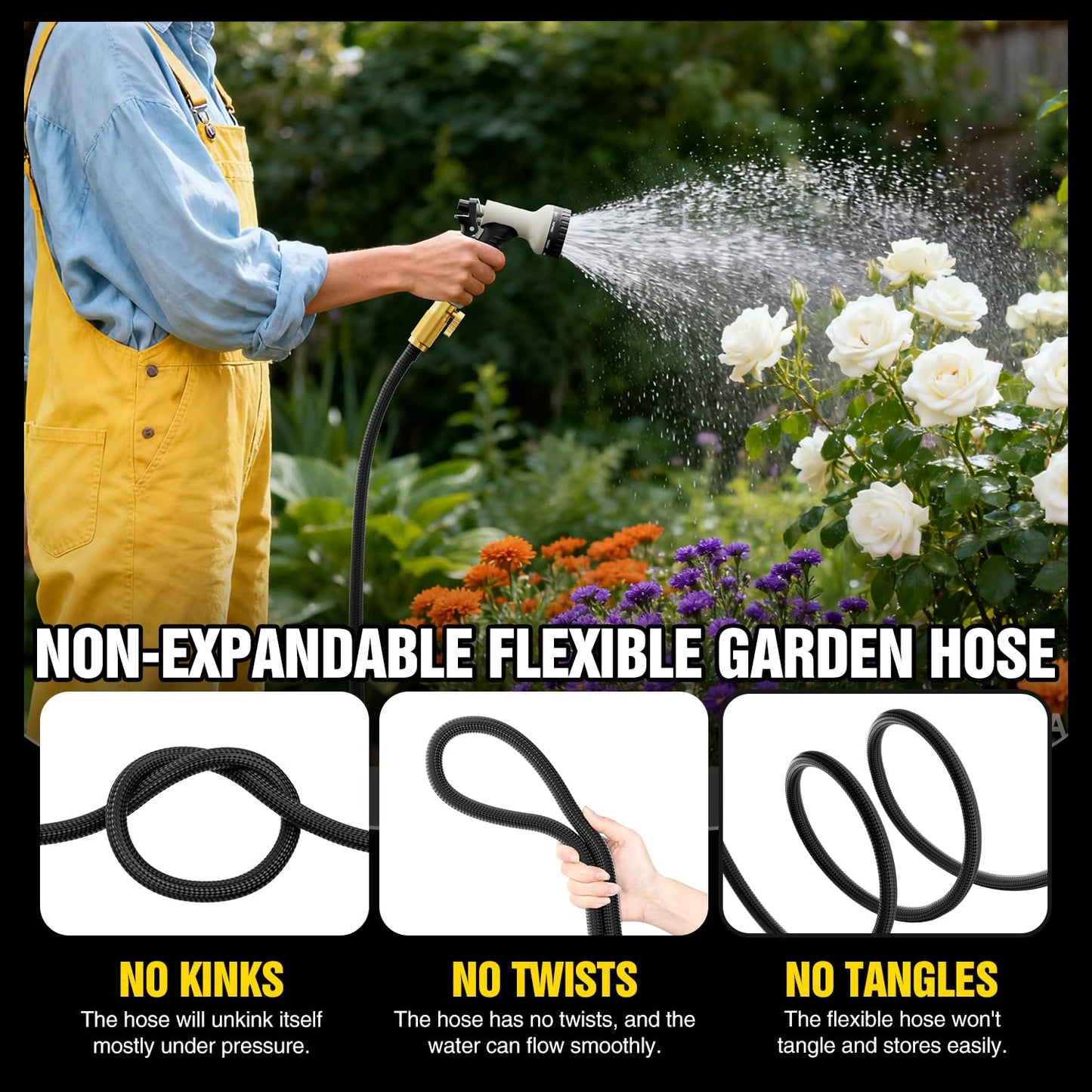 Garden Hose 25 ft Non-Expandable, Flexible Water Hose, Lightweight Hose with 10-Function Nozzle for Yard, Portable, Leak Proof, All-Weather Water Pipe for Outdoor, Car Wash, RV, Lawn