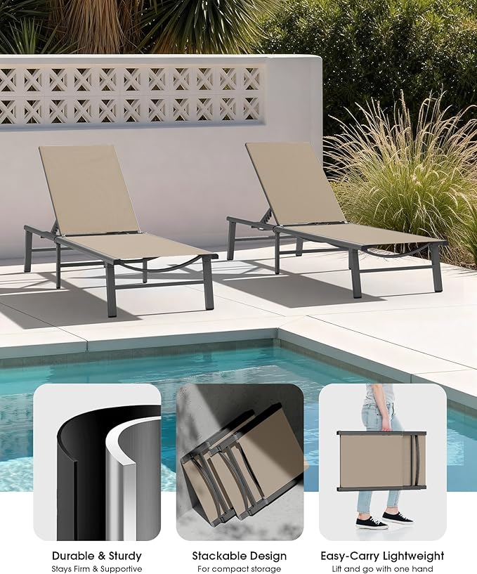 Ciokea Foldable Outdoor Lounge Chair, No Assembly Patio Chaise Lounge Outdoor