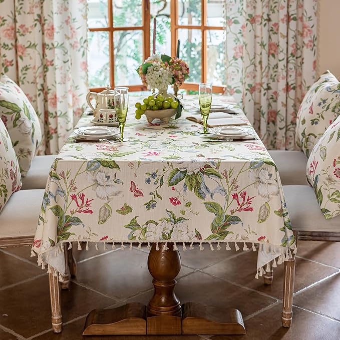 VClife Vintage Floral Butterfly Pattern Tablecloth, Linen Textured Rectangle
