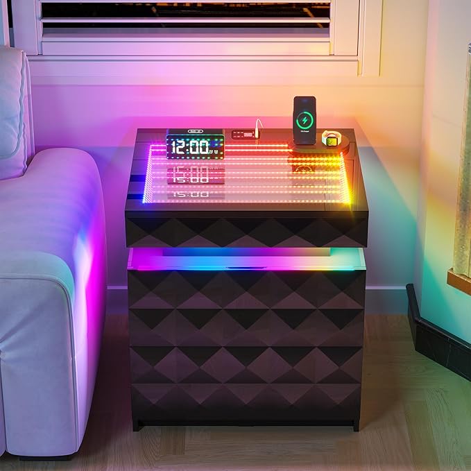 HWB Nightstand with RGB Lights, 3 Drawers Night Stand with Hidden Storage