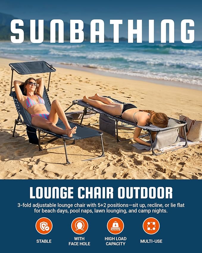 KingCamp Lounge Chair with face Hole & Canopy Shade, 400LBS Folding Portable