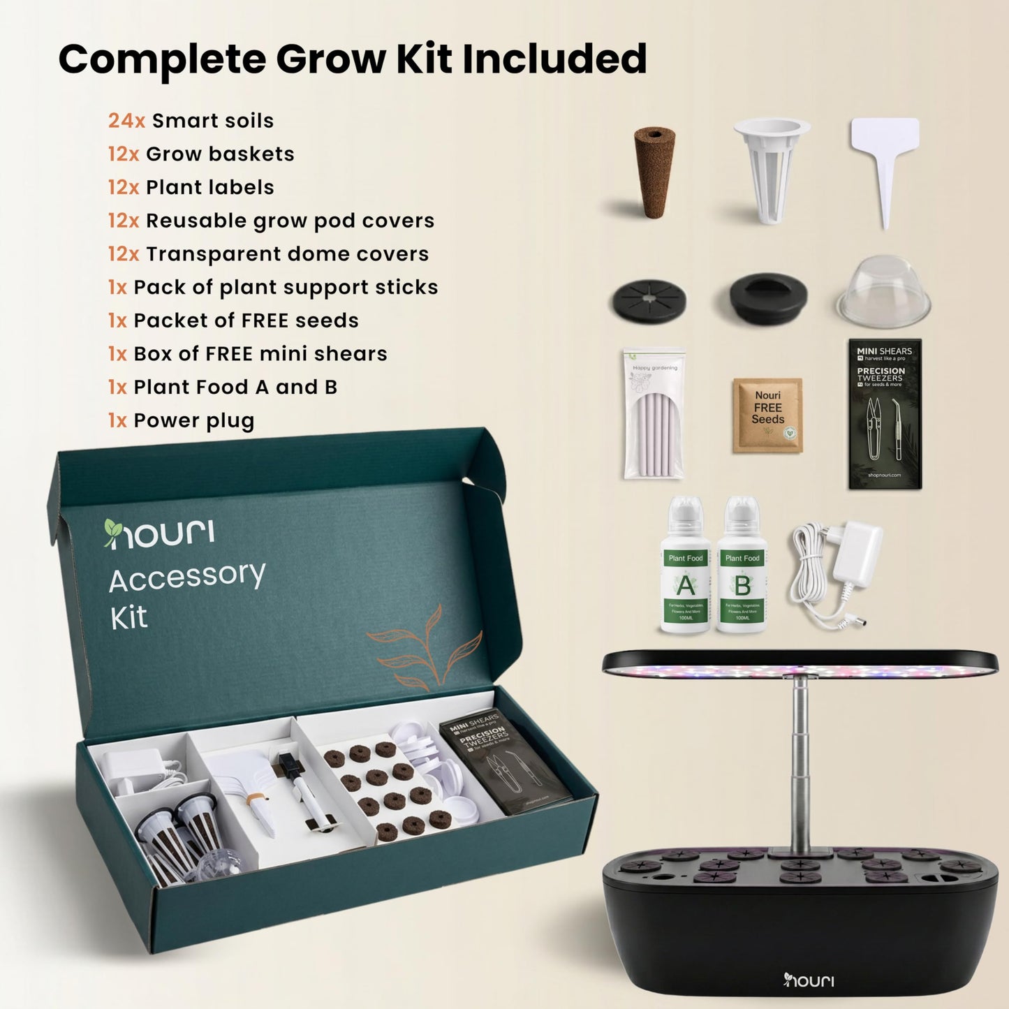 Nouri Hydroponics Growing System, 12 pod Smart Indoor Herb Garden Kit with LED Grow Lights, Hydroponic Herb Garden Indoor for Plant Lovers, Gardeners, Kitchen, Basil Seeds Included