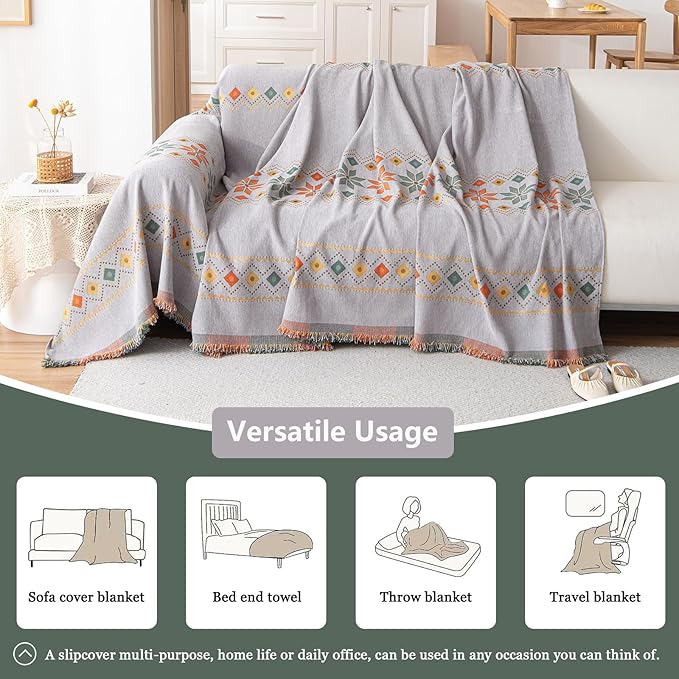 DREAMINGO Boho Couch Cover Grey Chenille Sofa Protecor