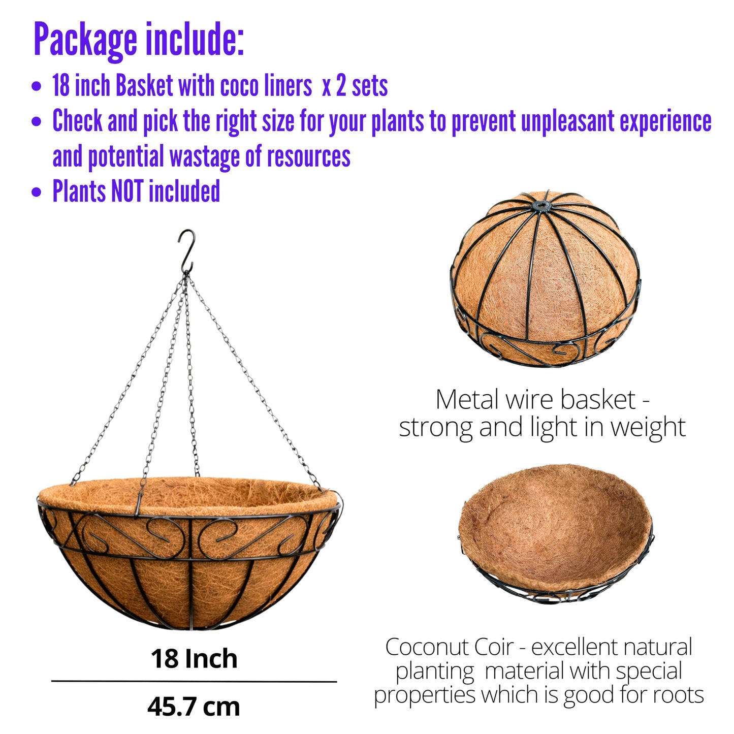 LaLaGreen Hanging Planter for Outdoor Plants (18 Inch, 2 Pack) Black Hanging Baskets with Coco Liner, Also Available in 8/12/14/16/18/20 Inch and Different Shapes Balcony Porch Farmhouse Country Decor