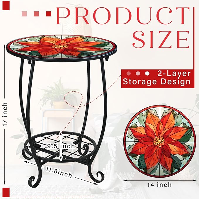 Cinnvoice Outdoor Side Table Round Small Mosaic Patio Accent Indoor End Plant