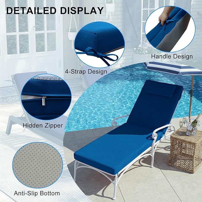 Outdoor Chaise Lounge Cushions, 71x21 Inch Olefin Water & Fade Resistant Pool