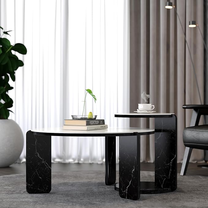 GDFStudio Round Nesting Coffee Table Set of 2, Modern Wooden Accent Side Table