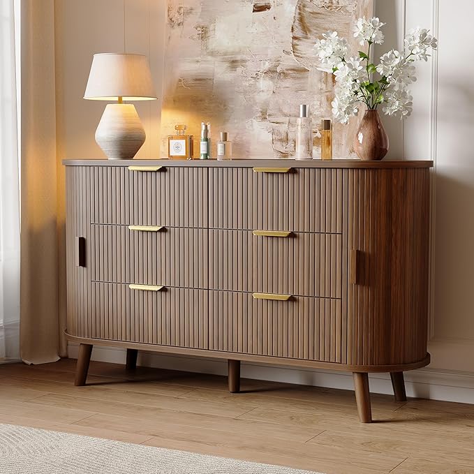 Decofy Fluted 6 Drawers Dresser, Curved Profile & Sturdy Legs, Wood TV Stand