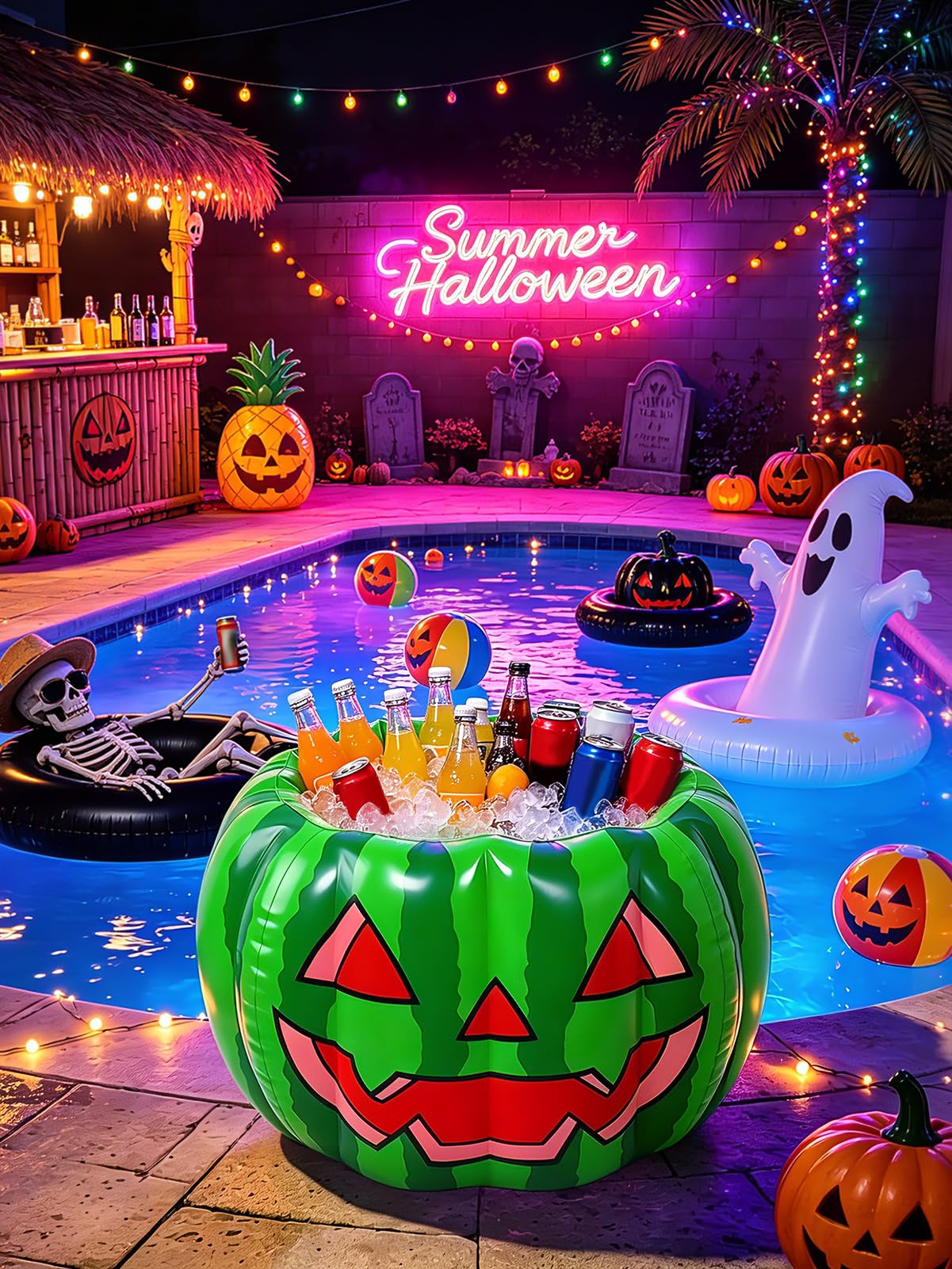 Cosweet Summer Halloween Inflatable Watermelon Cooler for Pool Party - 30" x 20" Large Spooky Blow Up Beverage Drink Cooler Ice Bucket with Drain Plug for Patio Yard Decor