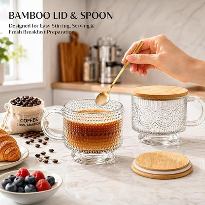 INSETLAN Vintage Glass Coffee Mugs 14 oz Set of 4, Embossed Overnight Oats Containers with Bamboo Lids and Spoons, Glass Coffee Cups for Tea, Cappuccino, Latte, Cereal and Yogurt, Gifts for Women