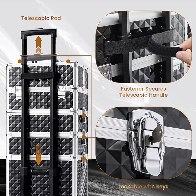 Stagiant Rolling Makeup Case Cosmetology Case on Wheels 4 in 1 Large Cosmetic Organizer Train Case Makeup Travel Case with Key Swivel Wheels Nail Artist Salon Storage Traveling Cart Trunk Black