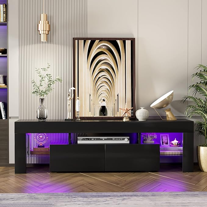 JUMMICO TV Stand, Modern Lighting TV Cabinet Entertainment Center Media and