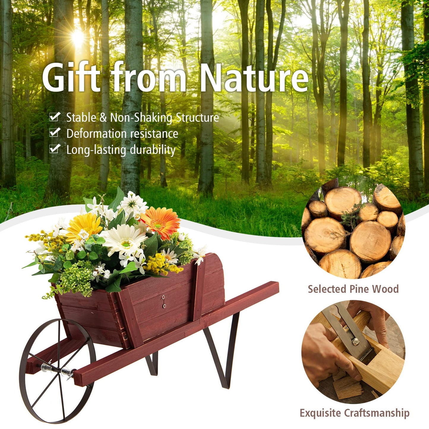 TANGZON Wheelbarrow Planter, Wooden Garden Wagon Planter Cart with 9 Magnetic Accessories, Wheel, 2 Handle, Outdoor Rustic Pine Wood Decorative Raised Plant Pot Stand for Patio Balcony (Reddish Brown)