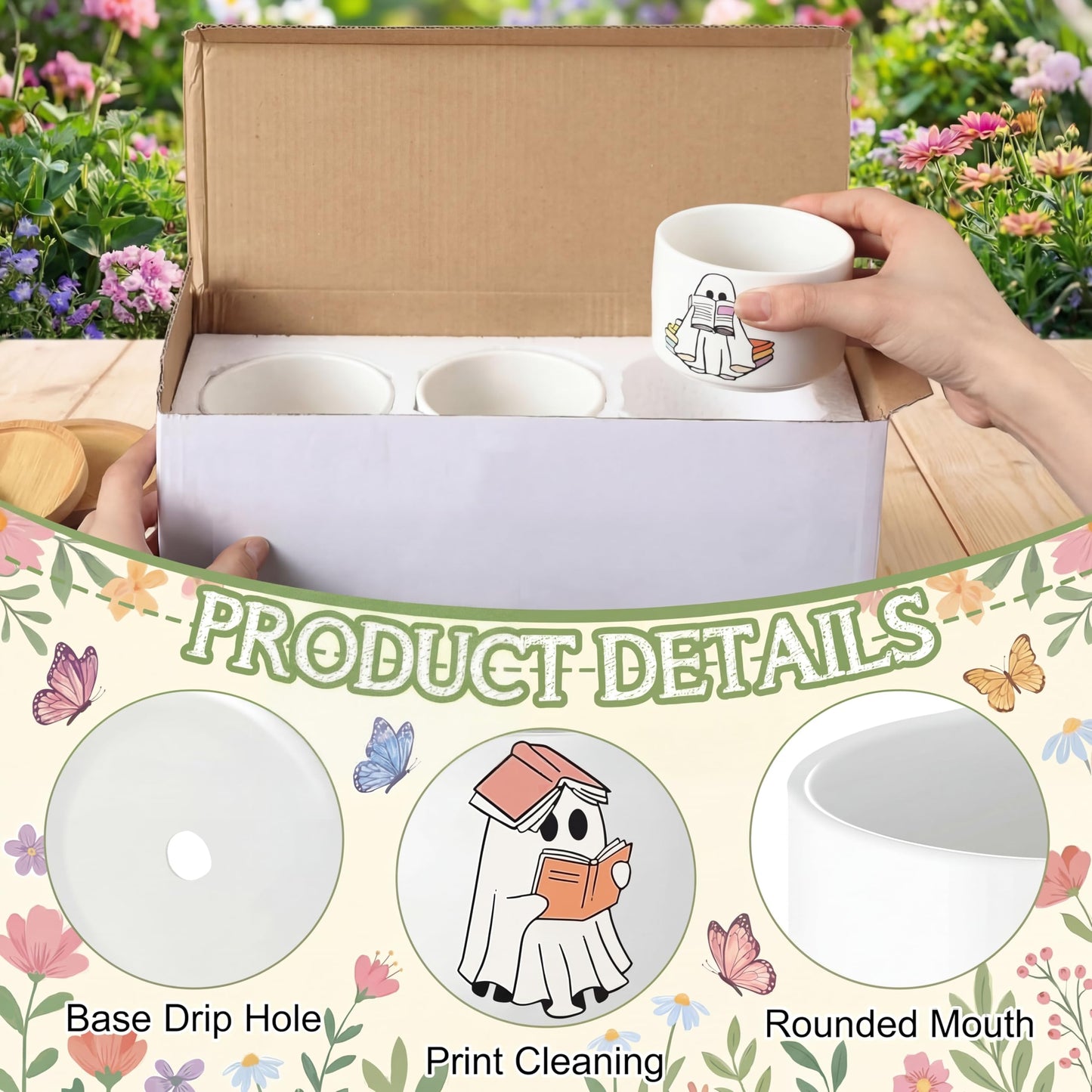 Mimorou 3 Pcs Book Lover Gifts, Cute Ghost Reading Succulent Planters with Bamboo Trays, Small Ceramic Plant Pots for Indoor Plants, Bookish Gifts for Readers, Teachers, Book Lover Desk Decor