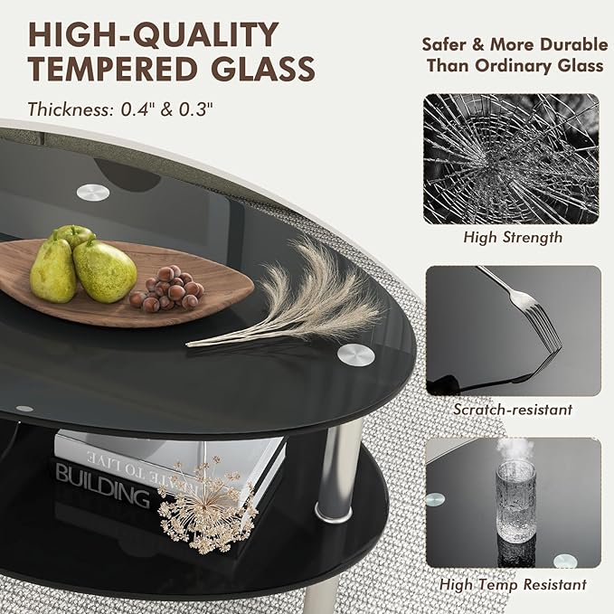 Tangkula Glass Coffee Table, 2-Tier Modern Oval Smooth Glass Tea Table End Table
