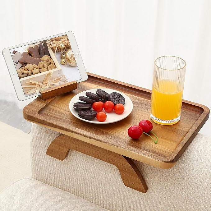 SINWANT Couch Arm Table, Acacia Wood Sofa Arm Rest Tables Couch Armrest Table