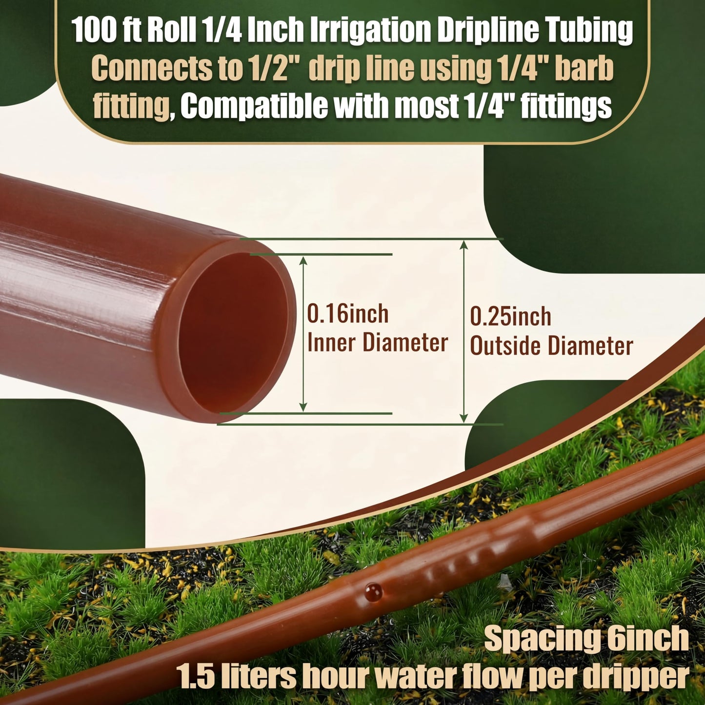 Innconee 100 ft 1/4 Inch Drip Irrigation Tubing with 6" Emitter Spacing Brown Hydroponics Dripline Hose Irrigation Drip Line Emitter Tubing Parts for Gardens Greenhouses Bed Flower Efficient Watering