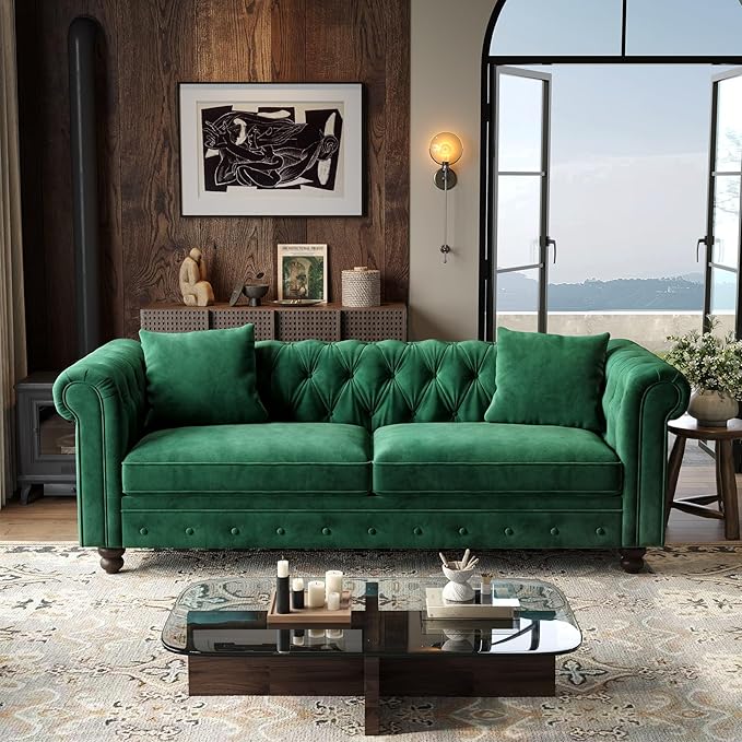 ONBRILL 82 Inch Chesterfield Sofa, 23 Inch Deep Seat Velvet Couch