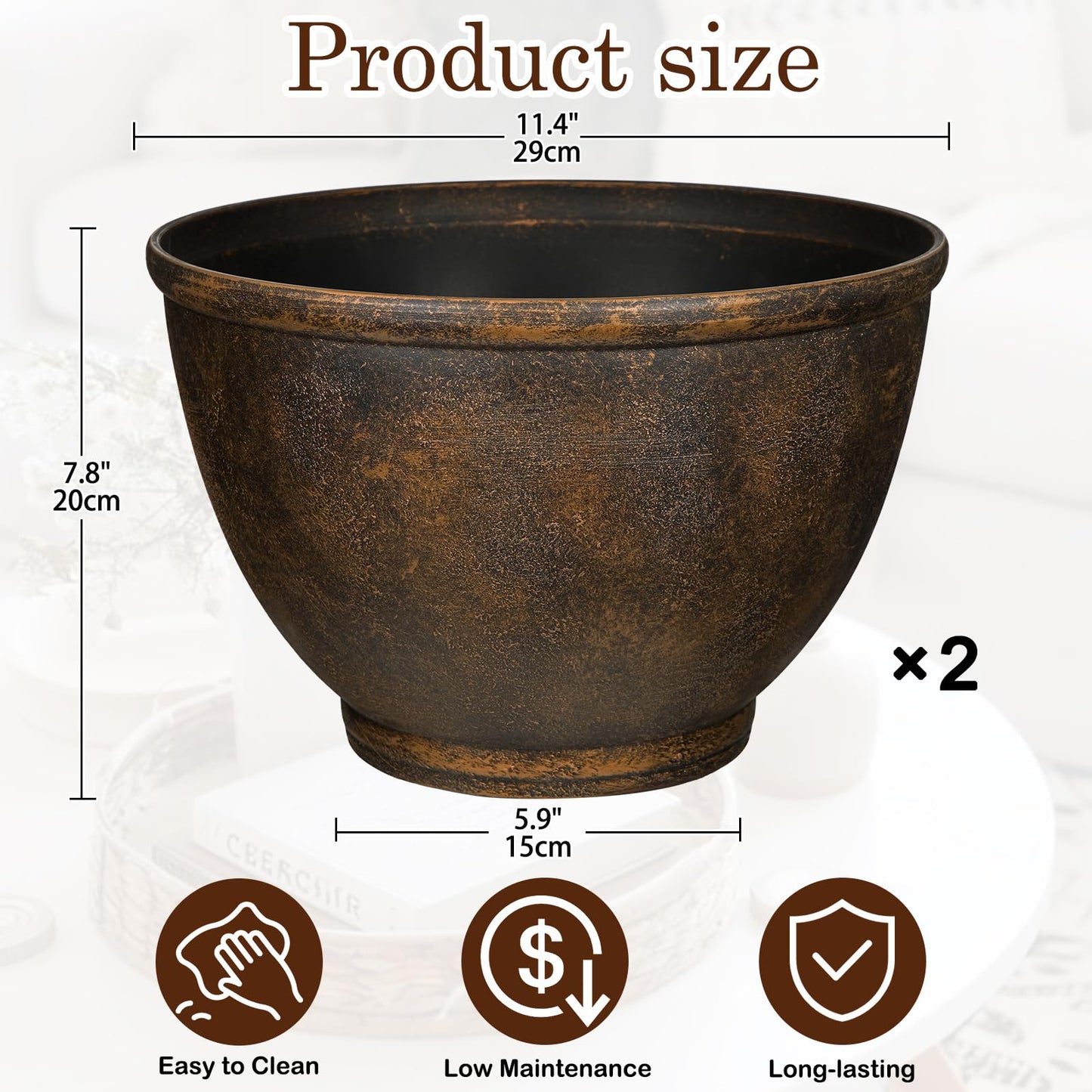 Hollyone Set of 2 Outdoor Planter 11.5 inch Plant Pot Plastic Pots for Plants Planters for Outdoor Indoor Plants with Drainage Hole Round Plant Pot Flower Pots Garden Decorations Brown