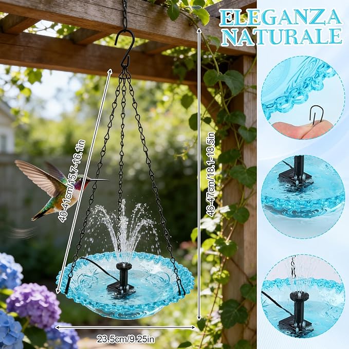 warmow Hanging Bird Bath Fountain, Outdoor Water Fountain, Hanging Bird Bath with Water for Outdoors Garden Patio Backyard Lawn Decor (USB-Powered Single-Layer, Blue)