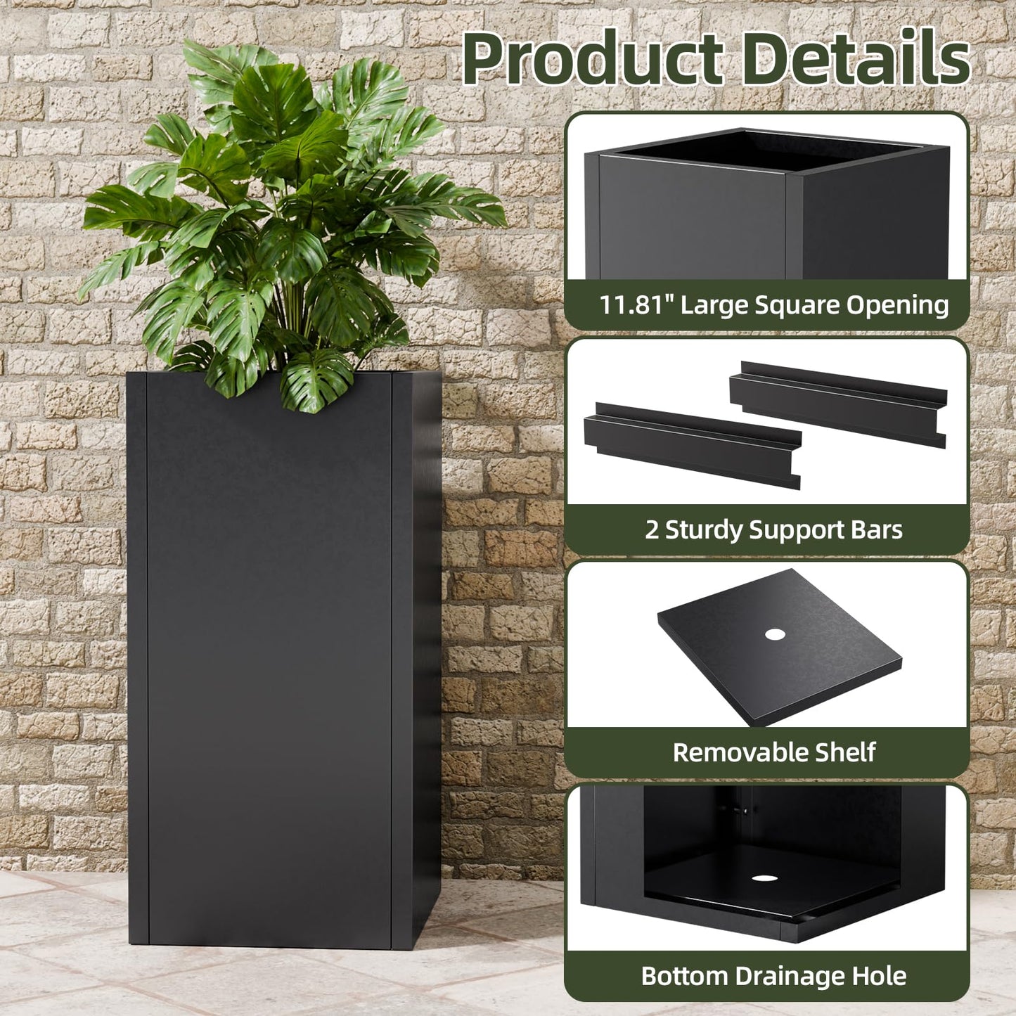 Diyfire Tall Metal Planters Box for Outdoor Plants - 23.6" Modern Steel Tall Square Planter with Removable Insert Shelf, Heavy Duty Pedestal Planter Front Porch Decor Patio Garden Office, Black