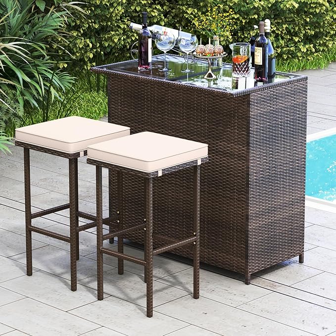 Tangkula 3 Piece Patio Bar Set, Outdoor Rattan Bar Table and 2 Stools