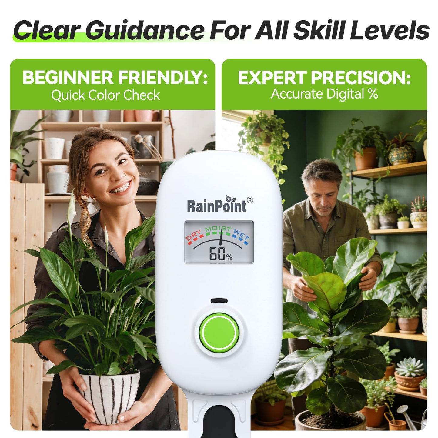 [2026 Version]RAINPOINT Visual Gauge Digital Smart Wireless Plant Moisture Meter,WiFi Hub Needed,Indoor & Outdoor Use,Capacitive Leave-in Soil Hygrometer Sensor Garden House Plant Care Must Haves