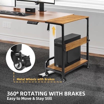 2-Tier Computer Tower Stand Adjustable, Gaming PC Floor Stand Large for ATX, E-ATX, ITX, Rolling PC Tower Cart with Guardrail, Metal Locking Wheels, 32.7" X 21.6" X 15.8",Walnut