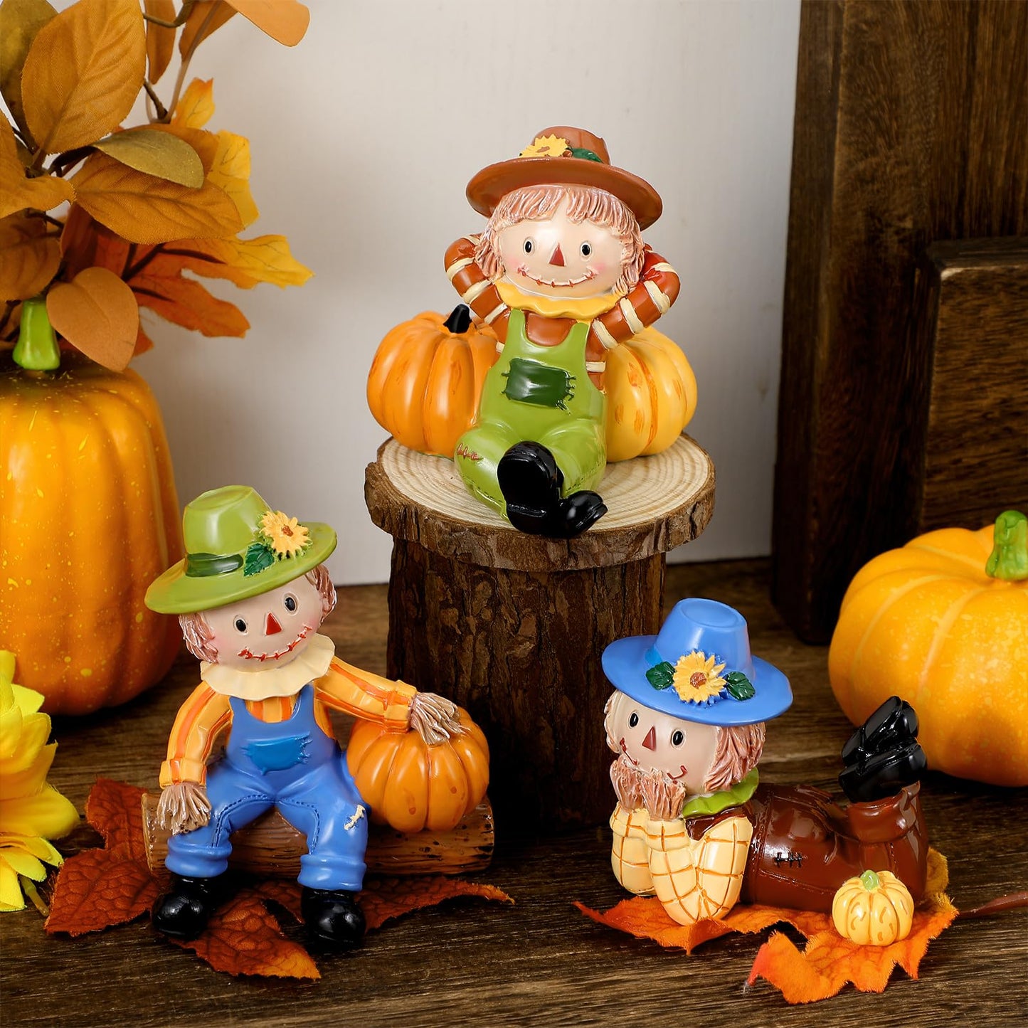 ShinyRelief 3 Pcs 3D Thanksgiving Scarecrows Table Decor Figurines with Pumpkin Fall Table Centerpiece Decor Autumn Harvest Resin Statue Gifts for Kitchen Home Office Tiered Tray Shelf Party Supplies