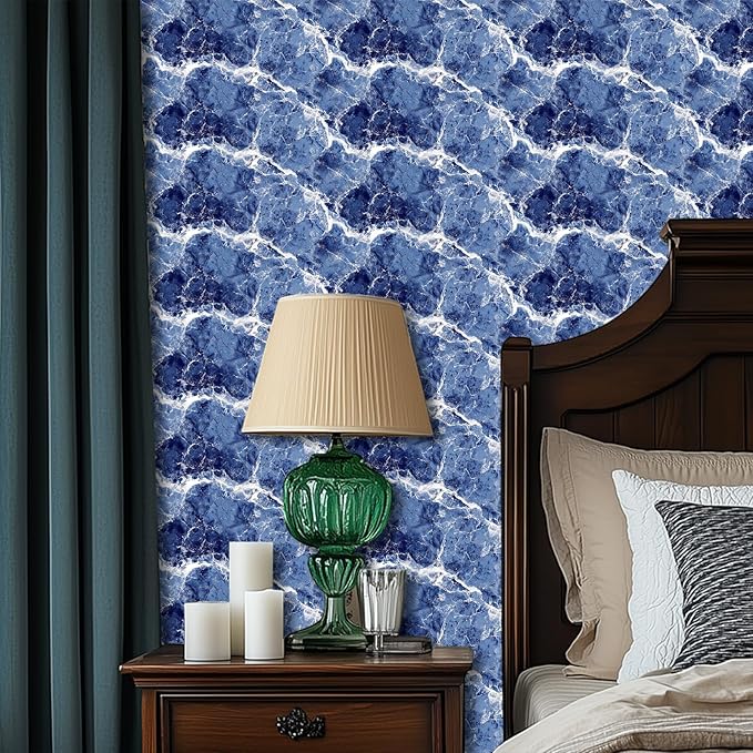 HOMETITUTE Blue Marble Wallpaper Peel and Stick Ocean Wave Pattern 118.1x17.7
