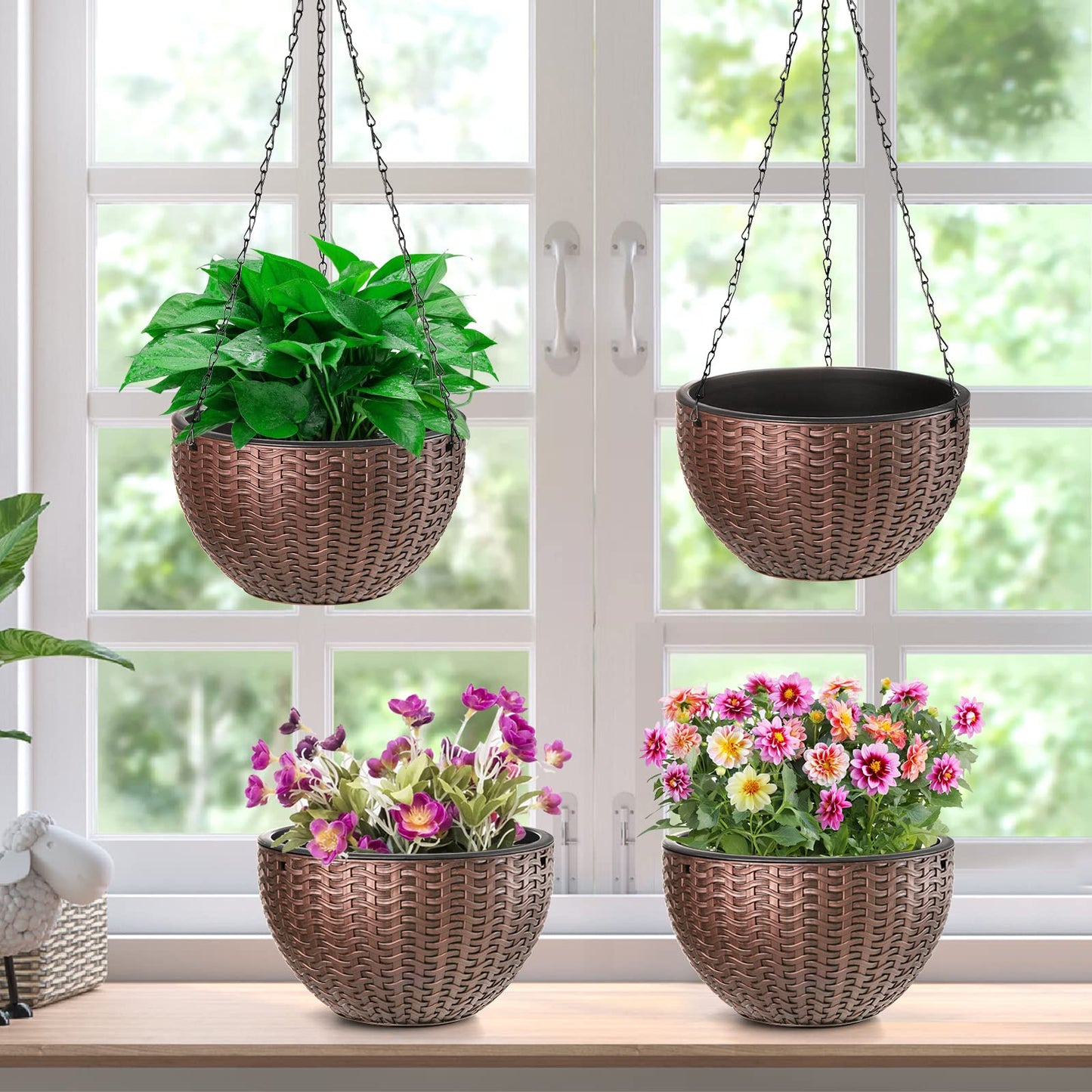 Foraineam 10.2 Inches Round Basket Hanging Planter Dual-pots Design Garden Flower Plant Pots Hanging Planter Baskets with Drainer and Chain for Indoor Outdoor Use