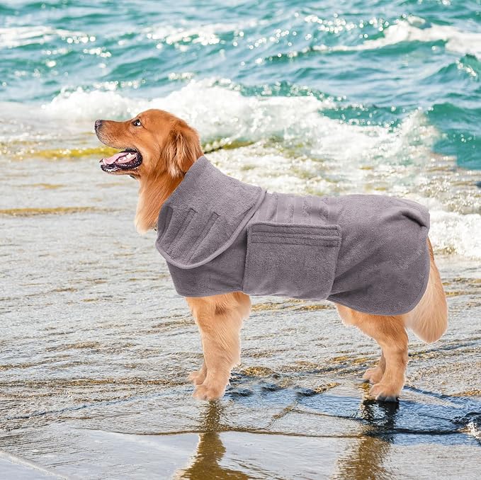 Geyecete Dog Drying Coat - Super Absorbent Dog Bath Robe - Microfibre Fast Drying Towel, Luxuriously Soft - Gray - M